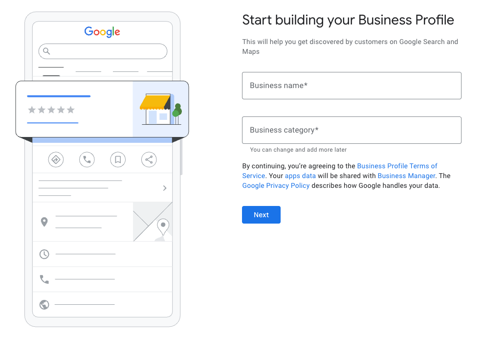 screenshot of the first step in creating a Google Business Profile for your dental practice, which is a key element in increasing brand visibility for dentists