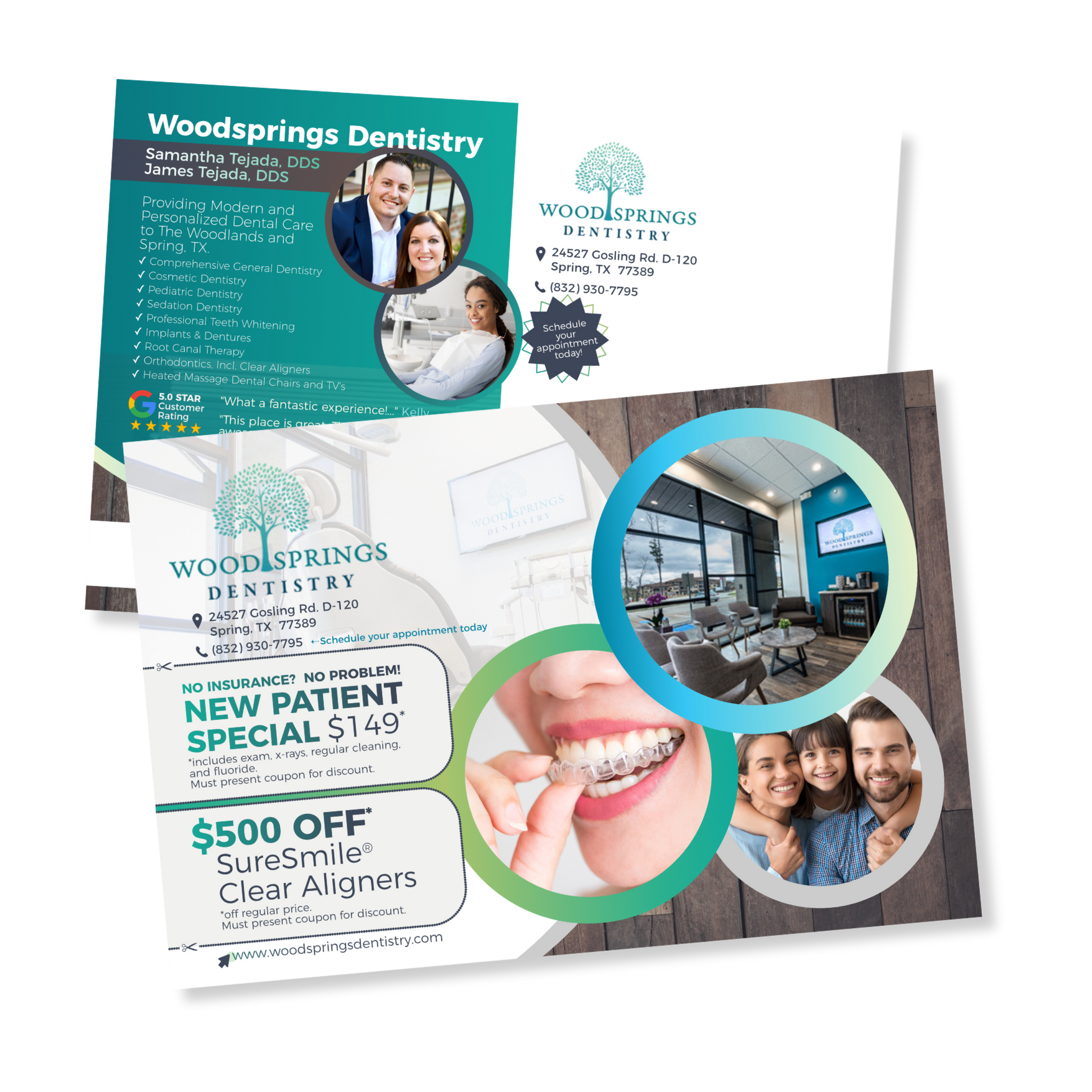 person holding advertising postcard from dental office