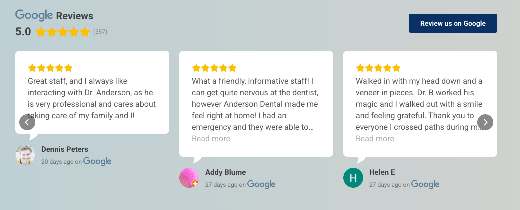 example of a live feed review carousel used to enhance great dental websites